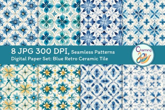 Digital Papers Set: Blue Retro Ceramic