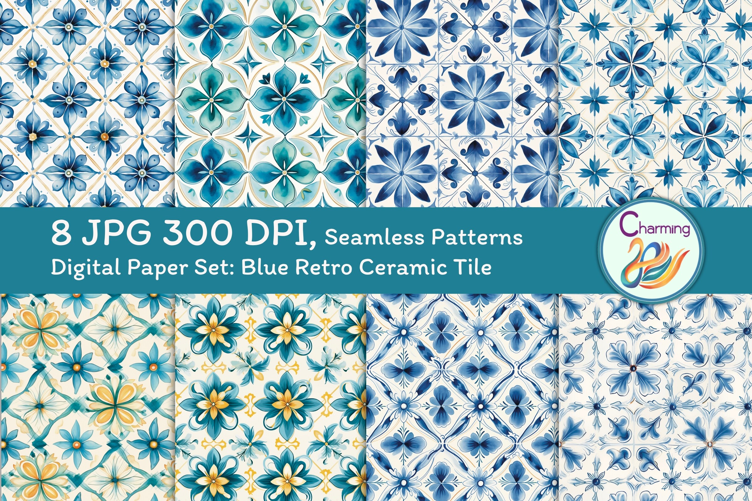 Digital Papers Set: Blue Retro Ceramic
