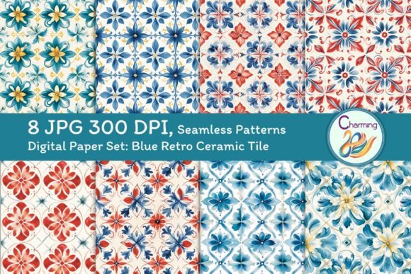Digital Papers Set: Blue Retro Ceramic