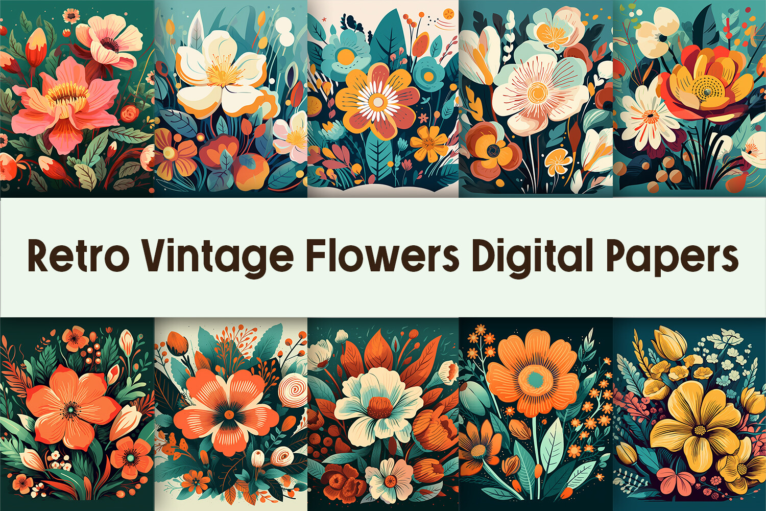 Retro Vintage Flowers Digital Papers Graphic by Pamilah · Creative Fabrica