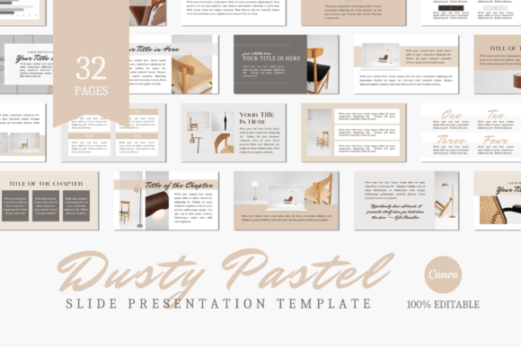 Dusty Pastel Canva slide template with 32 editable slides