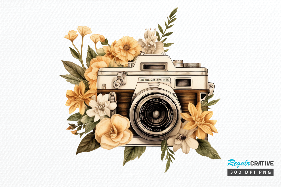 Watercolor Floral Vintage Camera Clipart Graphic by Regulrcrative ...