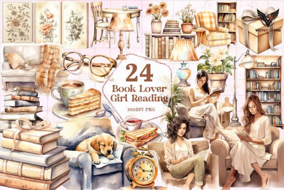 Book Lover - Girl Reading Clipart PNG Grafica Illustrazioni Stampabili Di VictoryHome