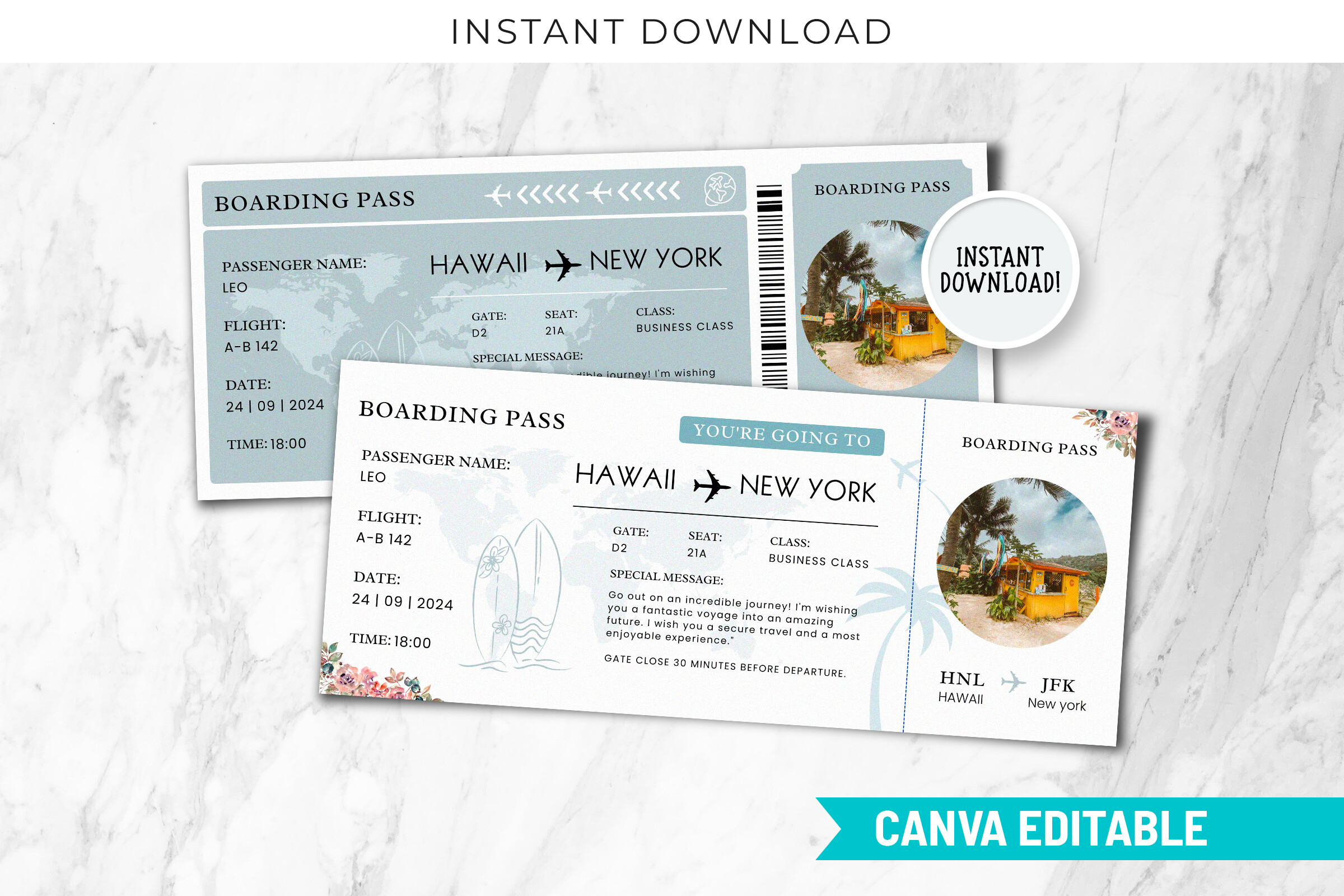 Editable Hawaii Surprise Boarding Pass