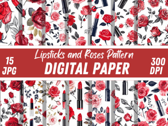Lipsticks & Roses Digital Paper Pattern