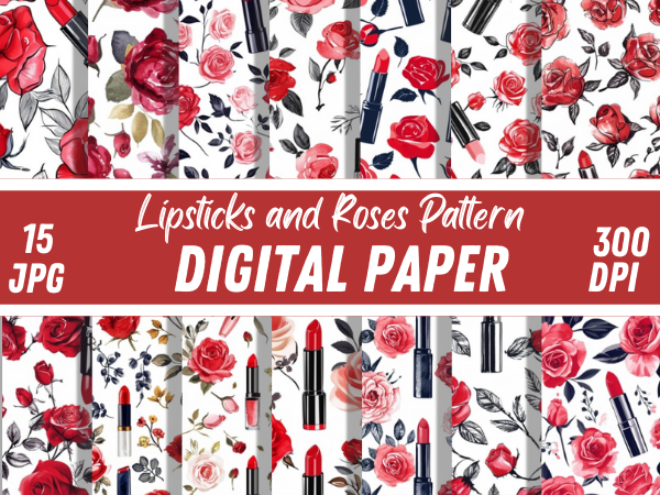 Lipsticks & Roses Digital Paper Pattern