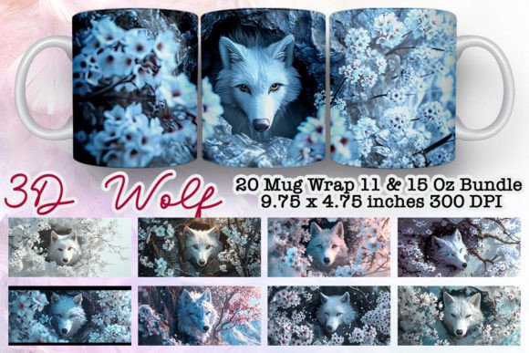 Valentine Wolf Floral Mug Wrap Bundle Graphics