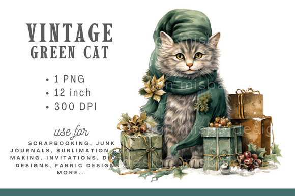 Watercolor Vintage Christmas Cat Clipar Graphic by misba design ...
