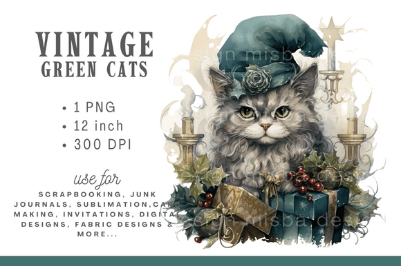 Watercolor Vintage Christmas Cat Clipart