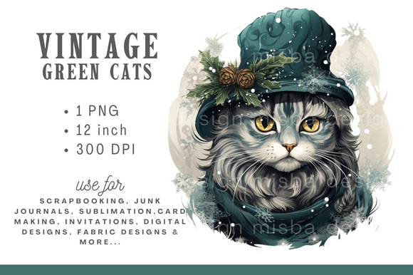 Watercolor Vintage Christmas Cat Clipart