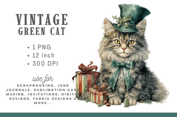 Watercolor Vintage Christmas Cat Clipart