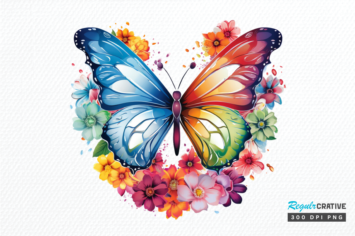 Rainbow Butterfly and Flowers Clipart Graphic by Regulrcrative ...