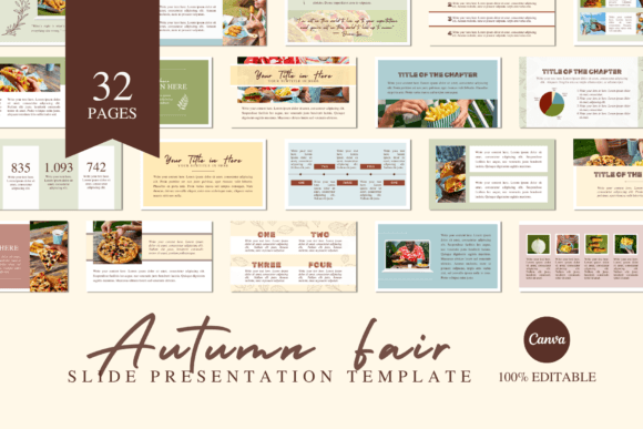 Autumn Fair Canva slide template with 32 presentation layouts