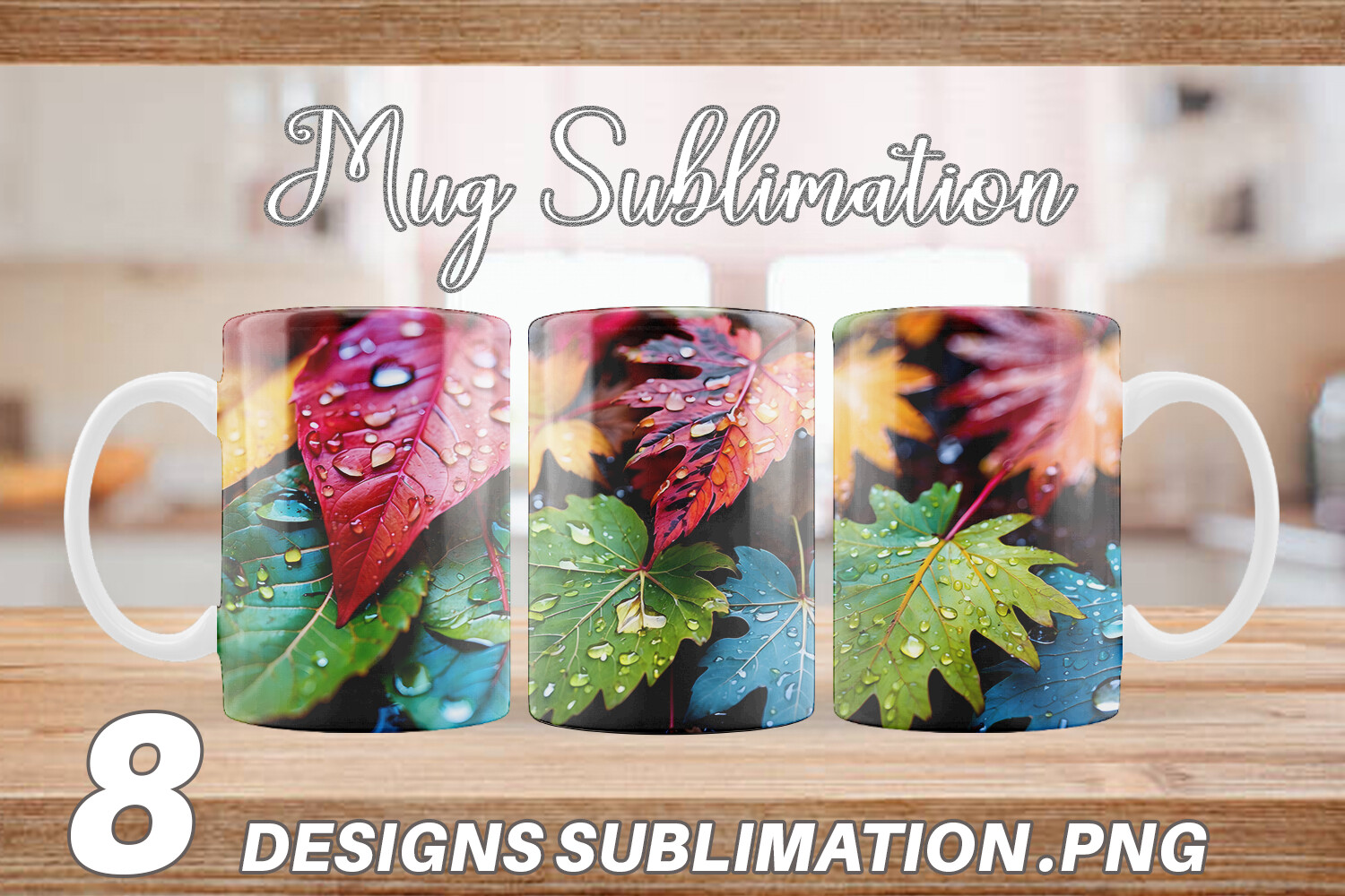 Mug Wrap Leaves with Water Drops Graphic by Artnoy · Creative Fabrica