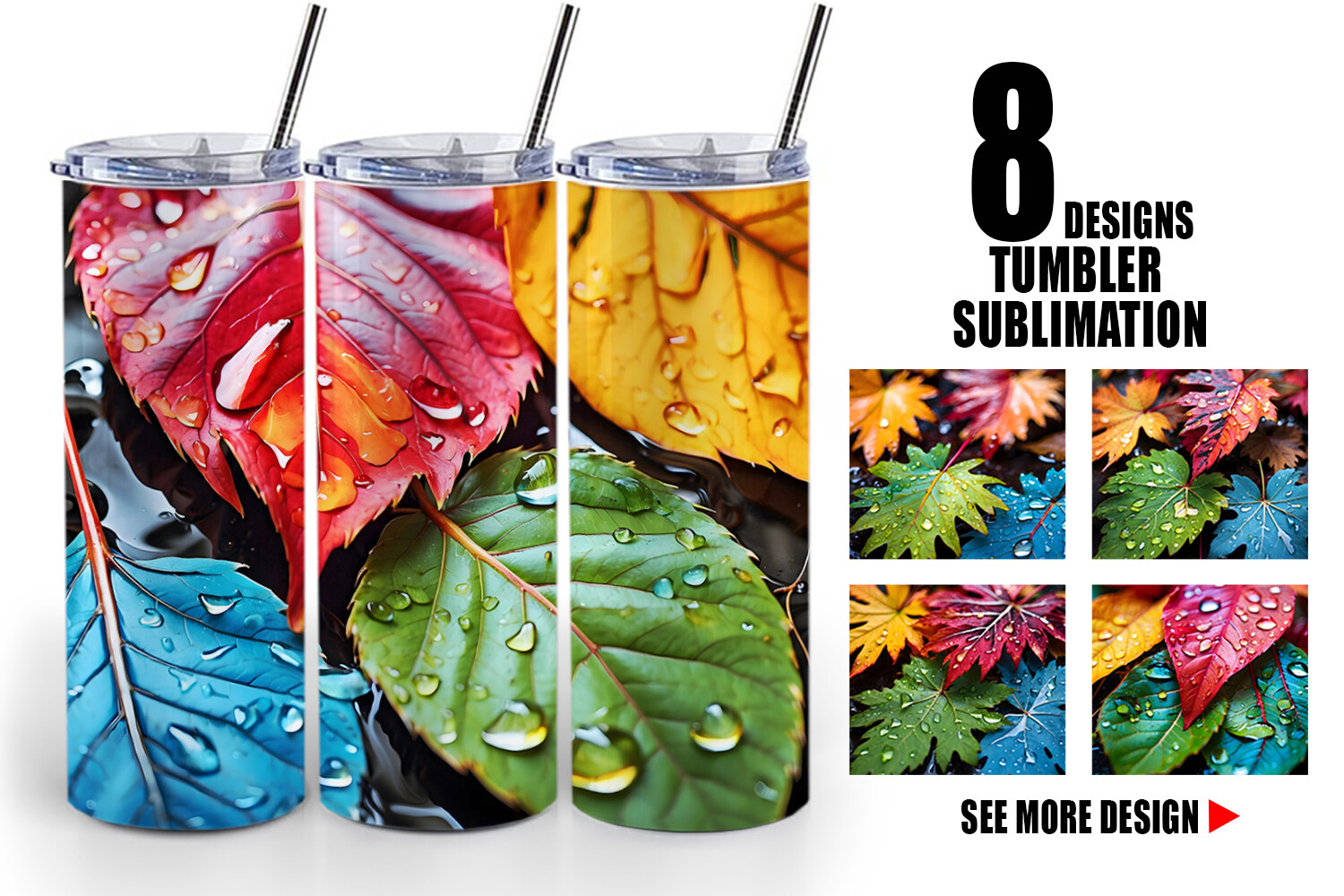 Tumbler Leaves with Water Drops Graphic by Artnoy · Creative Fabrica