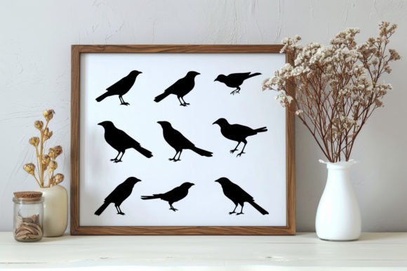 Crow Bird Set Black Silhouette Drawing