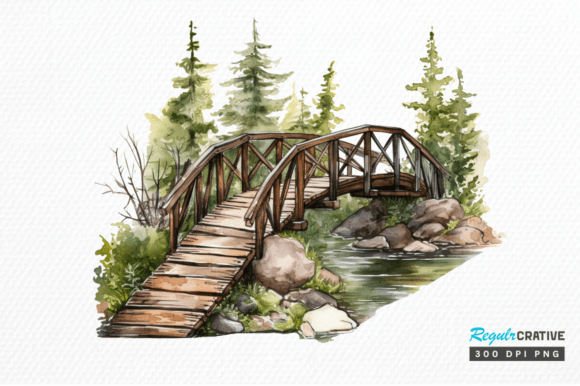 Old timber bridge watercolor clipart for rustic pet memorial prints and sublimation gifts