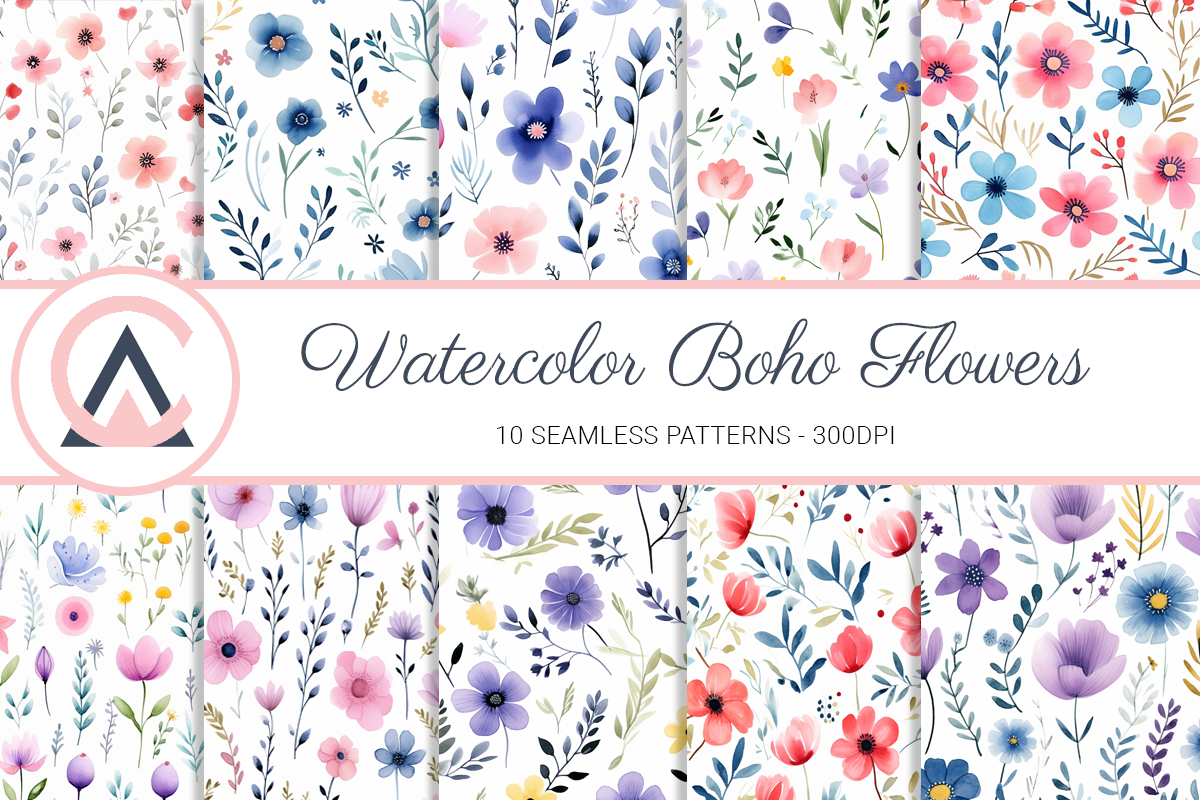 Watercolor Boho Floral Seamless Patterns Graphic by ArtCursor ...