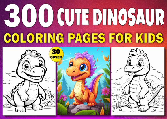 300 Cute Dinosaur Coloring Pages KDP