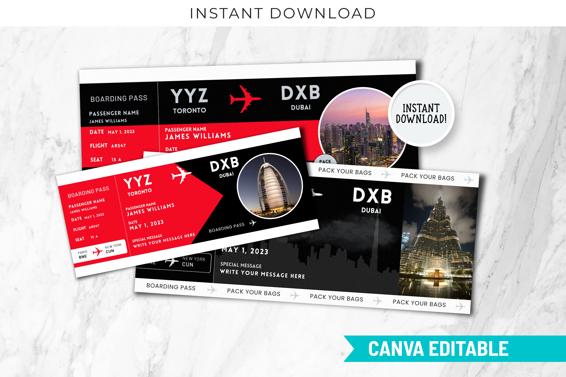 Dubai Boarding Pass Canva Editable