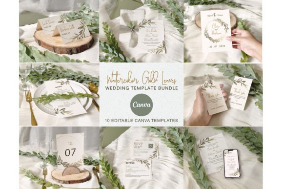 Watercolor Gold Leaf Wedding Invitation
