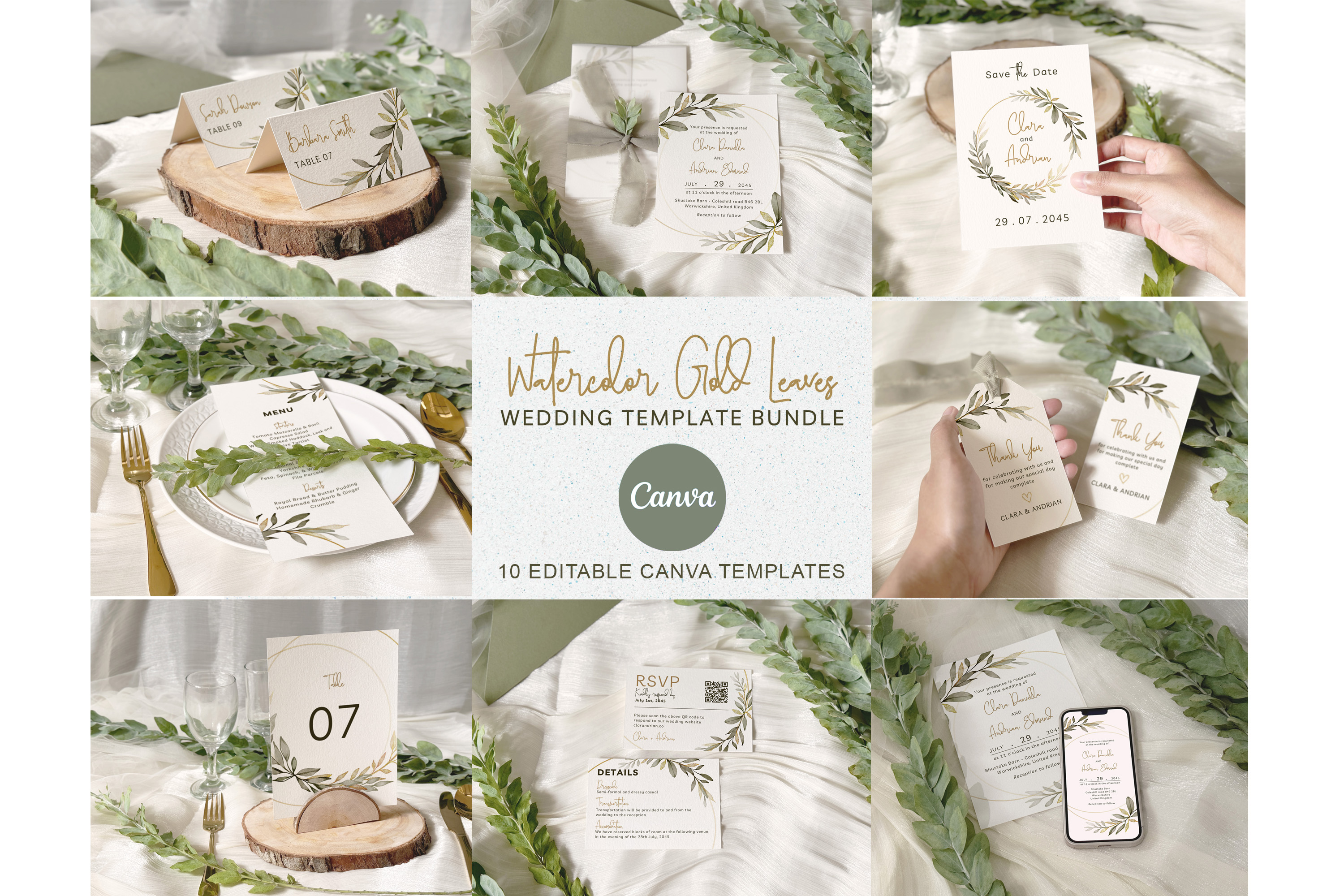 Watercolor Gold Leaf Wedding Invitation