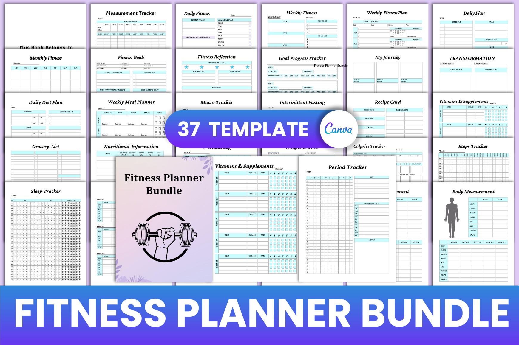 Editable Fitness Planner Bundle Canva