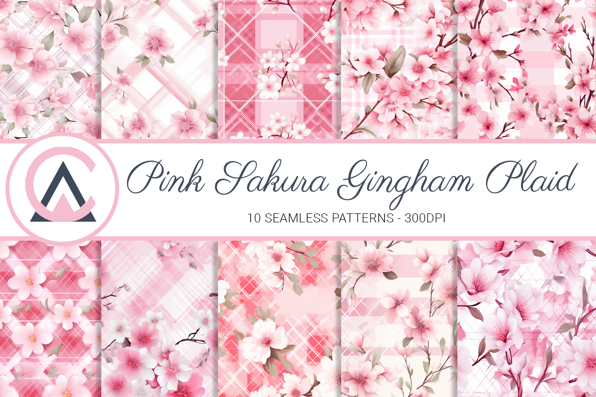 Pink Sakura Flowers Plaid Patterns Graphic by ArtCursor · Creative Fabrica