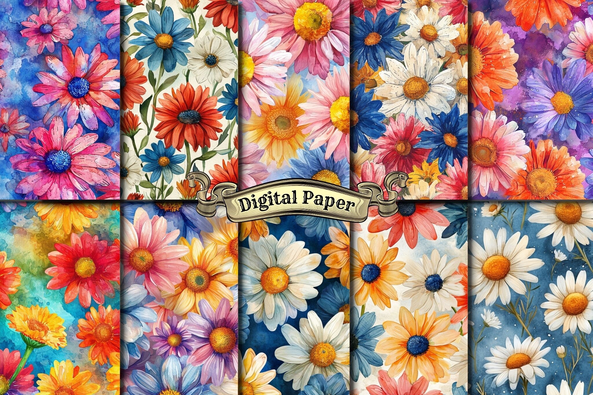 Daisy Digital Paper Pack RETRO FLOWERS Graphic by craftsmaker ...