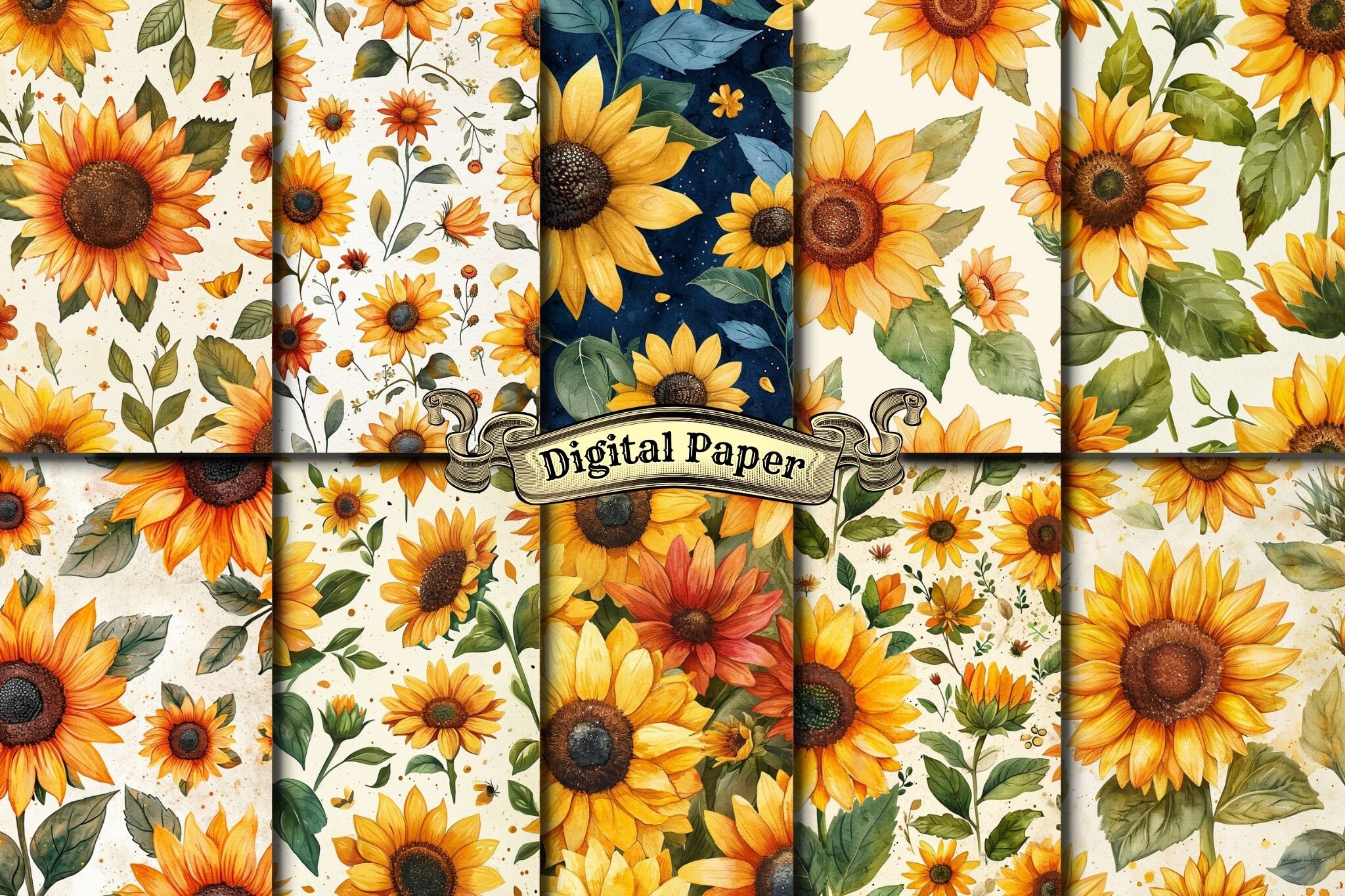 Watercolor Funky Sunflower Digital Paper Graphic by craftsmaker ...