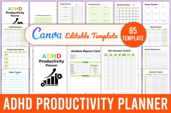 Editable ADHD Productivity Planner Canva