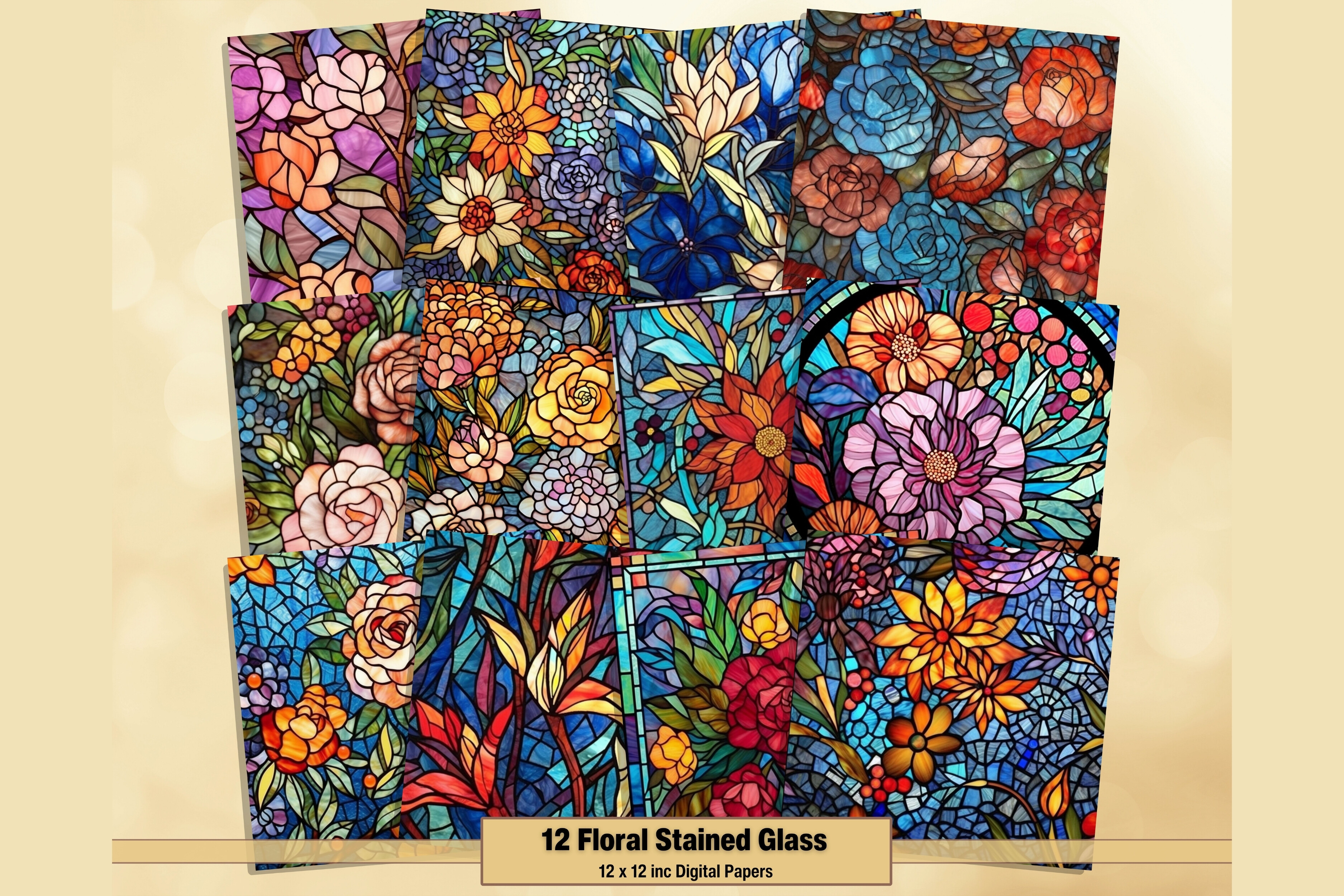 Floral Stained Glass Digital Papers Graphic by artisticwayco · Creative ...