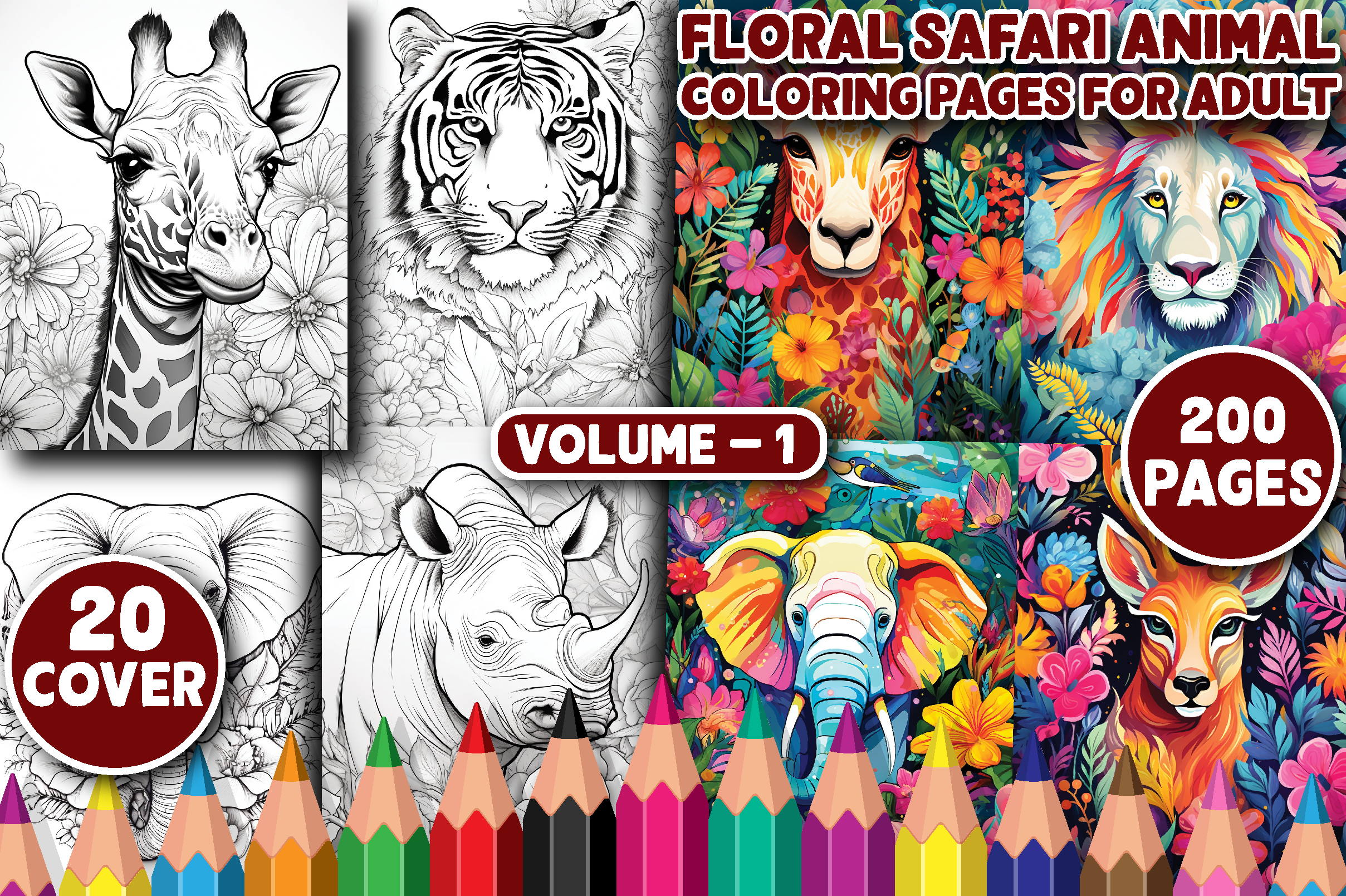 200 Floral Safari Animal Coloring Pages