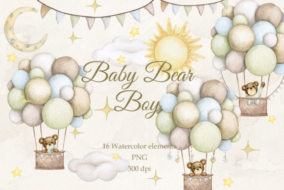 Baby Bear. Boy. Watercolor Set PNG.