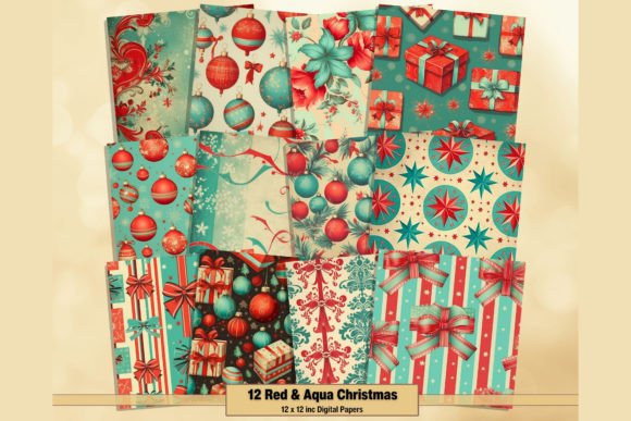 Red & Aqua Christmas Patterns Digitals