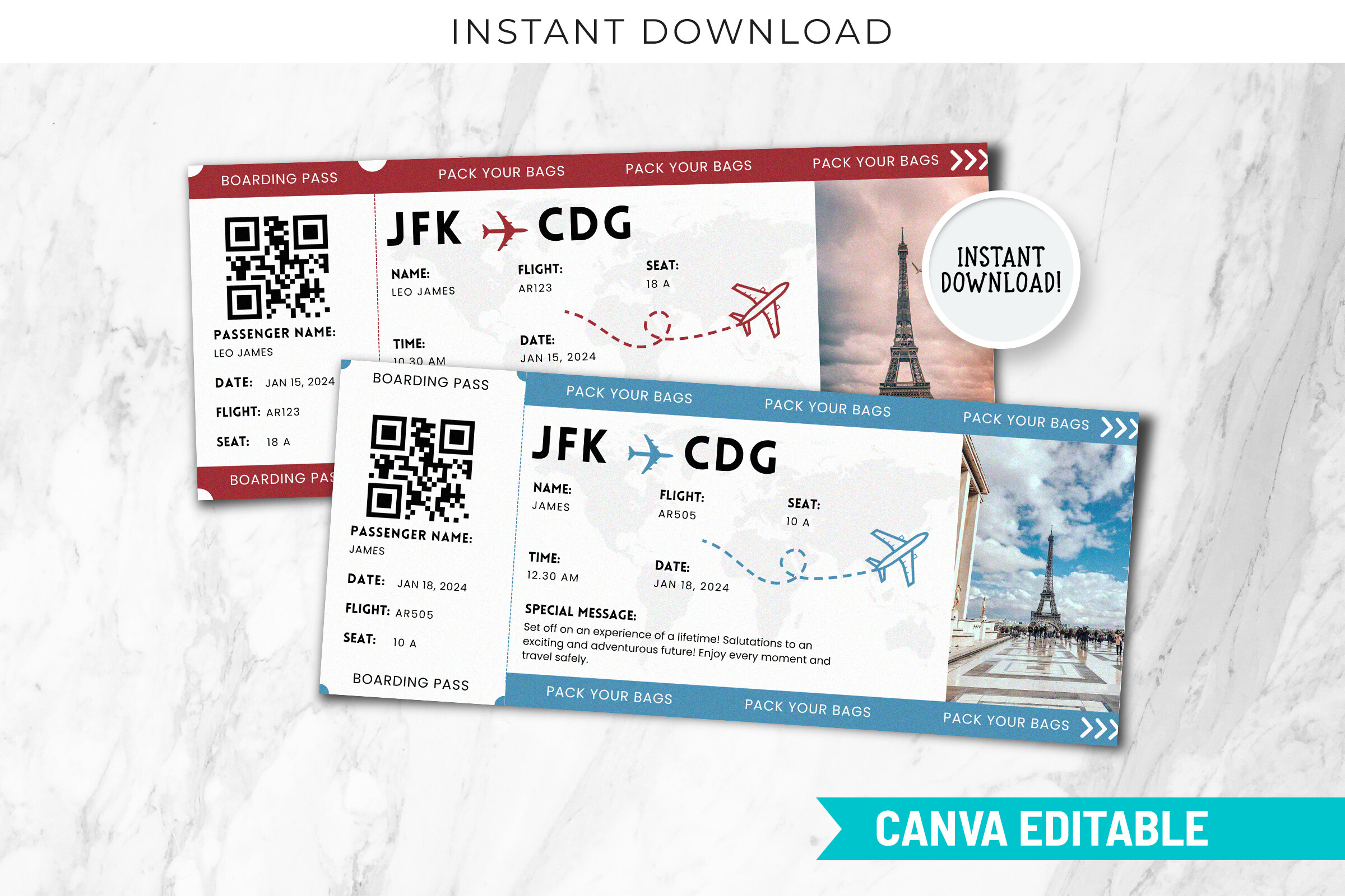 Editable Paris Trip Boarding Pass Canva