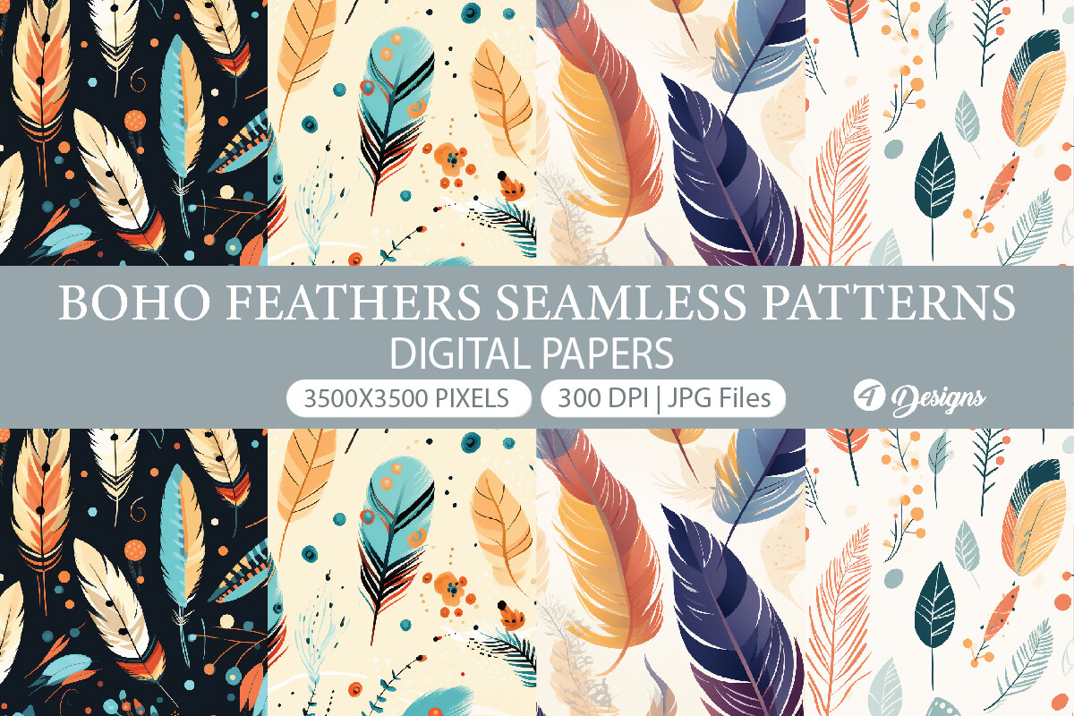 Feathers Patterns, Boho Feathers Paper Graphic by Creationx Space ...
