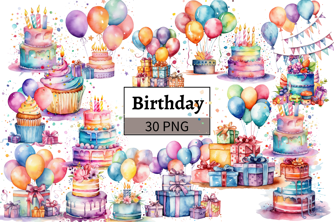 Watercolor Birthday Clipart Bundle