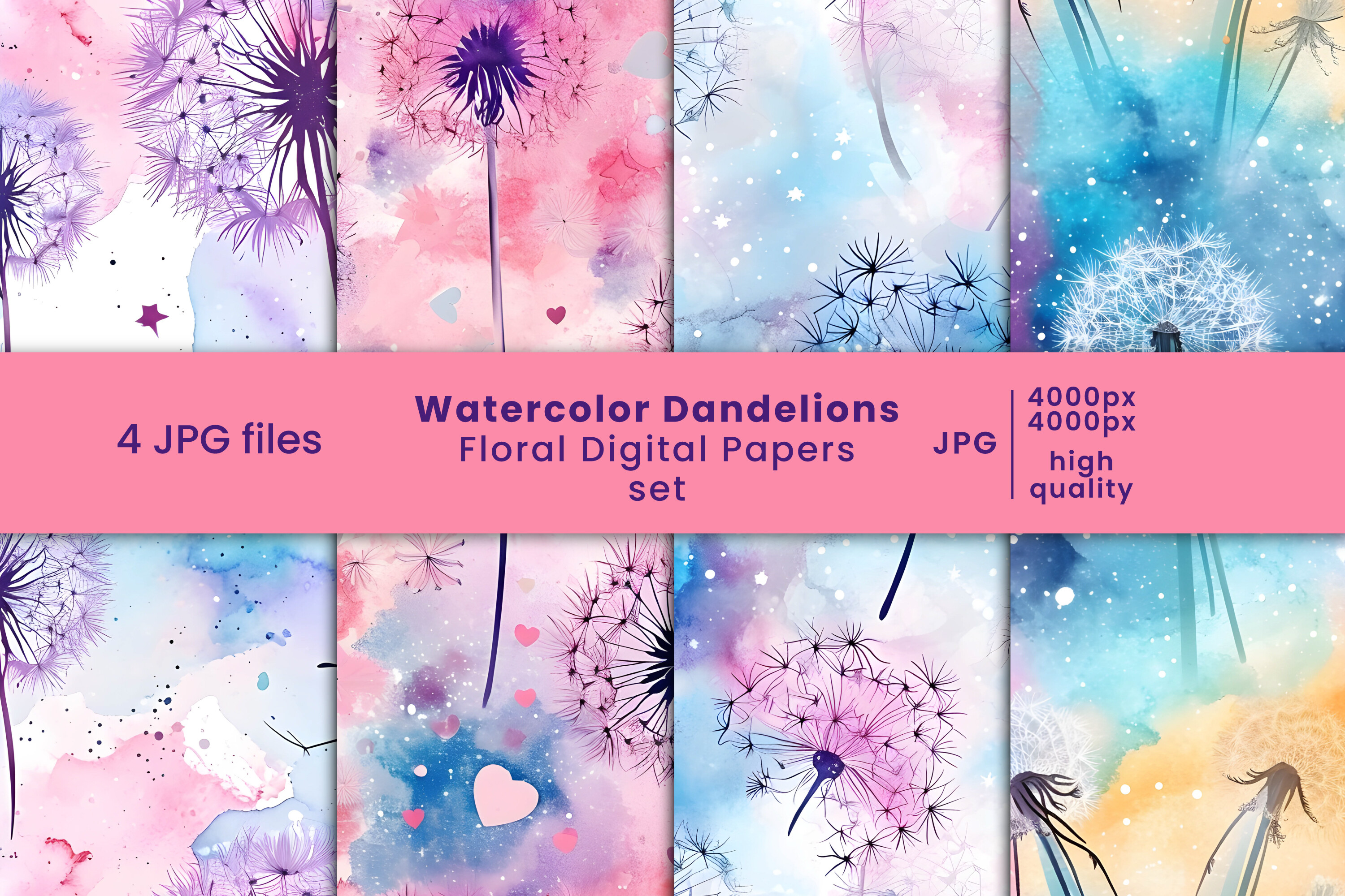 Watercolor Dandelions Digital Papers Set Graphic by Creatophics ...