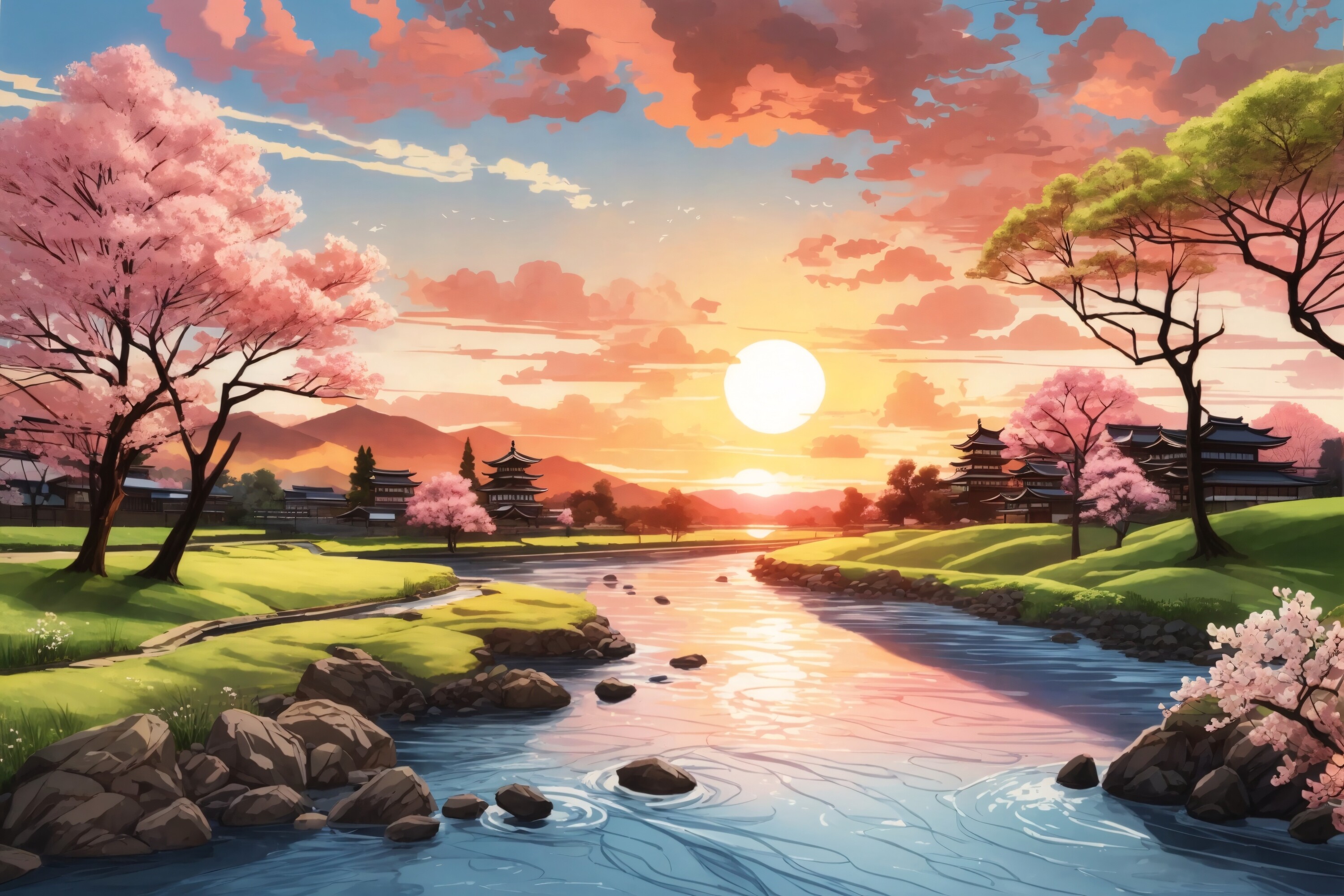 Sunset Scene with River and Spring Tree Graphic by Forhadx5 · Creative ...