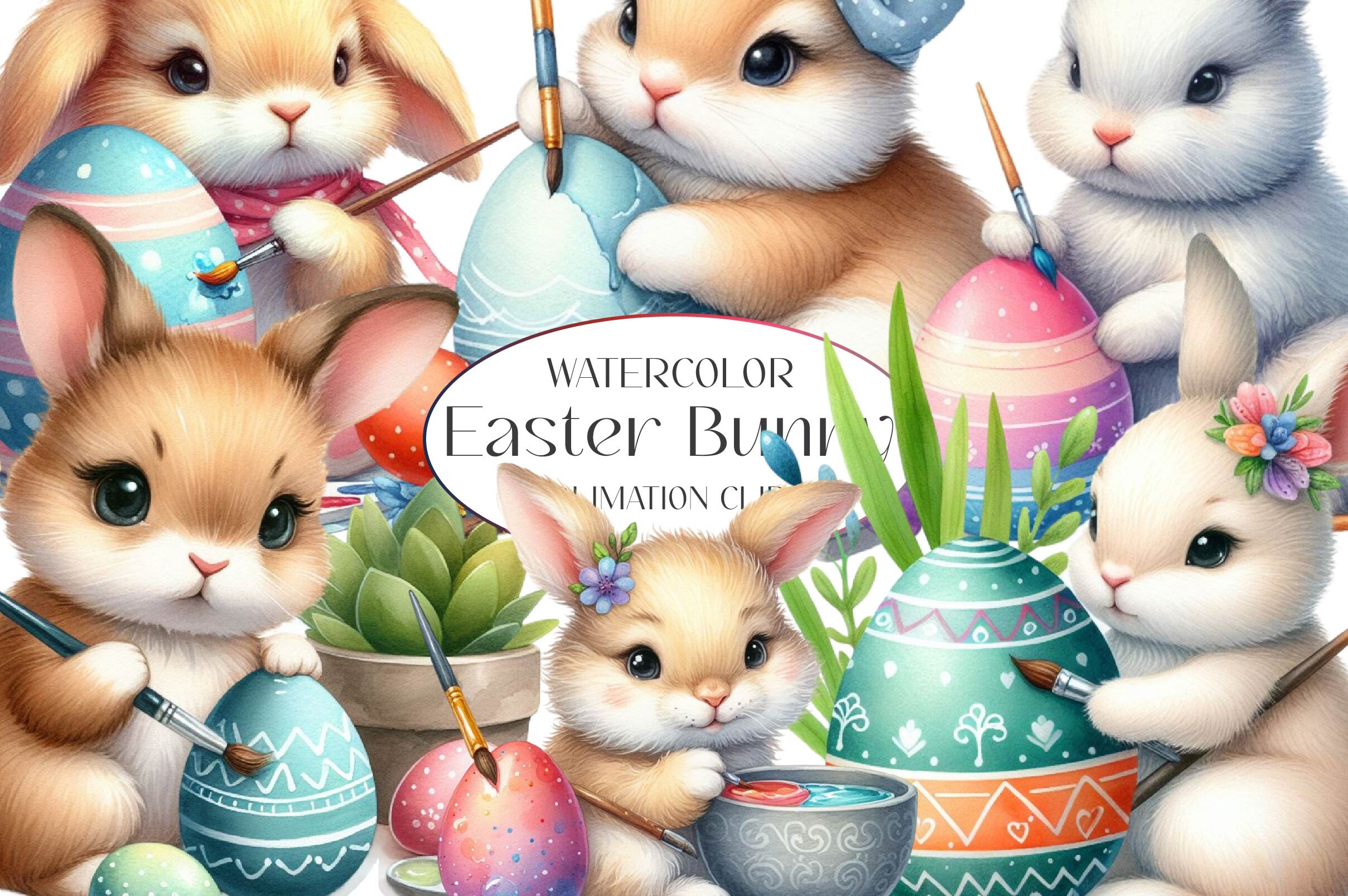 Watercolor Easter Bunny Clipart Bundle