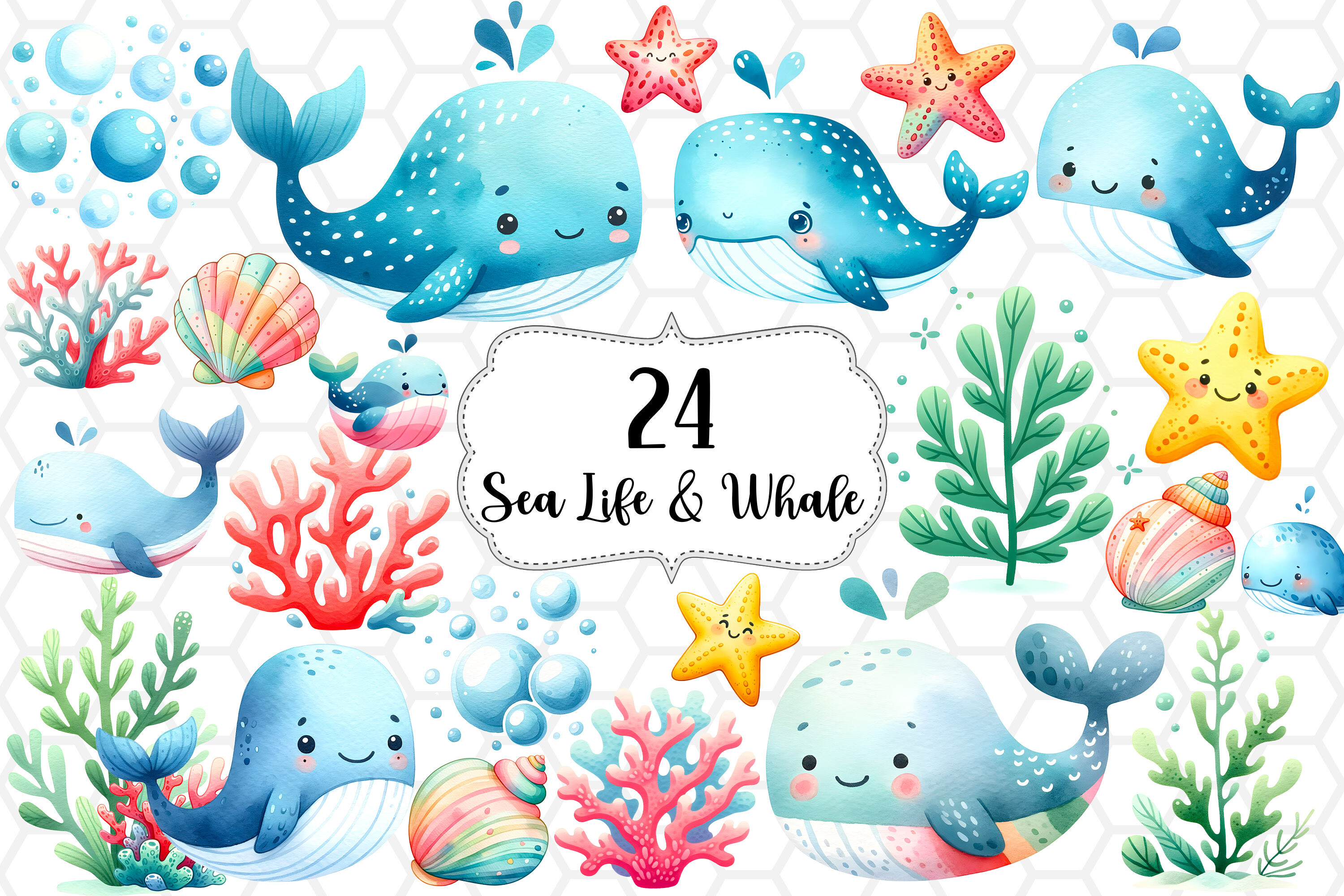 Nautical Whale Watercolor Clipart Bundle - photo 1