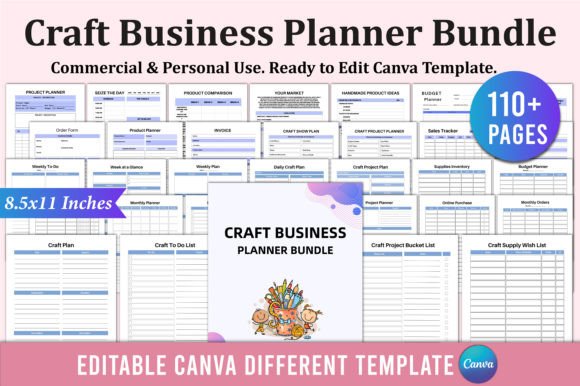 Craft Business Planner Bundle for Canva with project sales and inventory pages