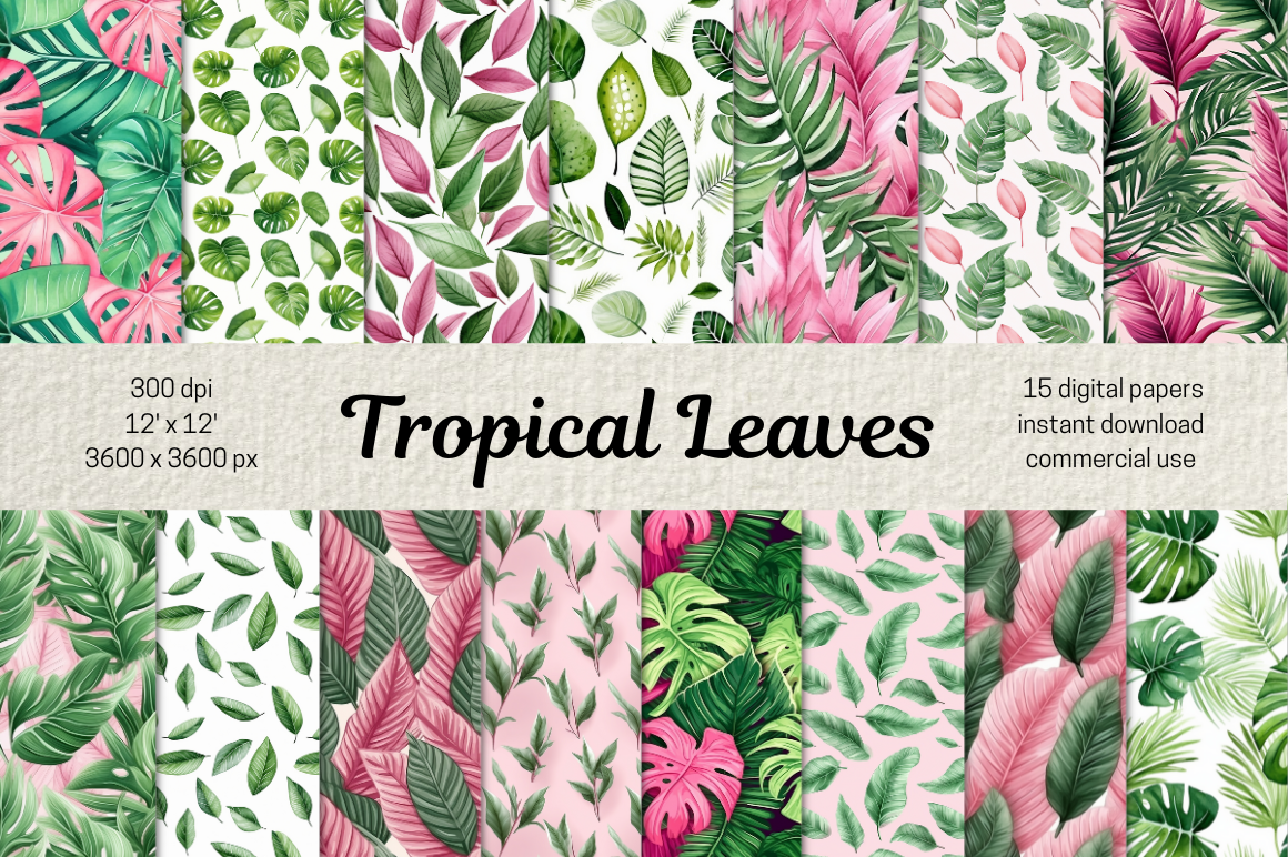 Tropical Leaves Digital Paper Bundle Graphic by MashMashStickers ...