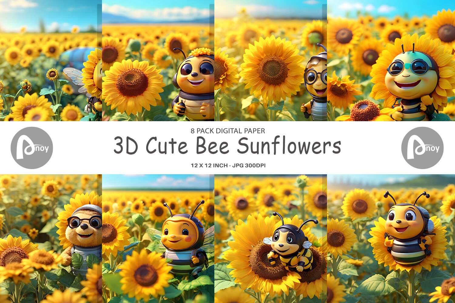 Digital Paper 3D Cute Bee Sunflowers Graphic by Artnoy · Creative Fabrica