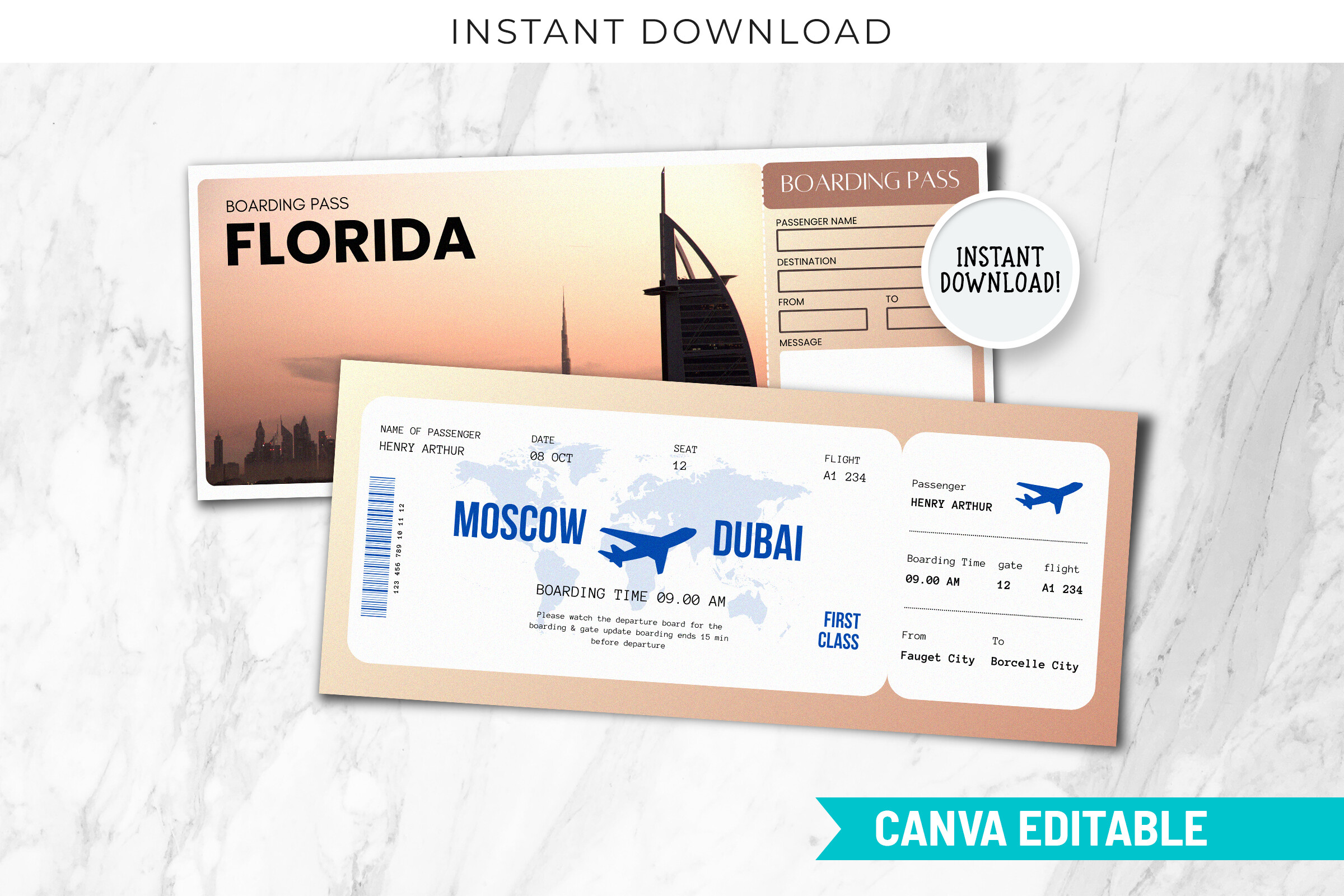 Editable Dubai Airline Boarding Pass PDF