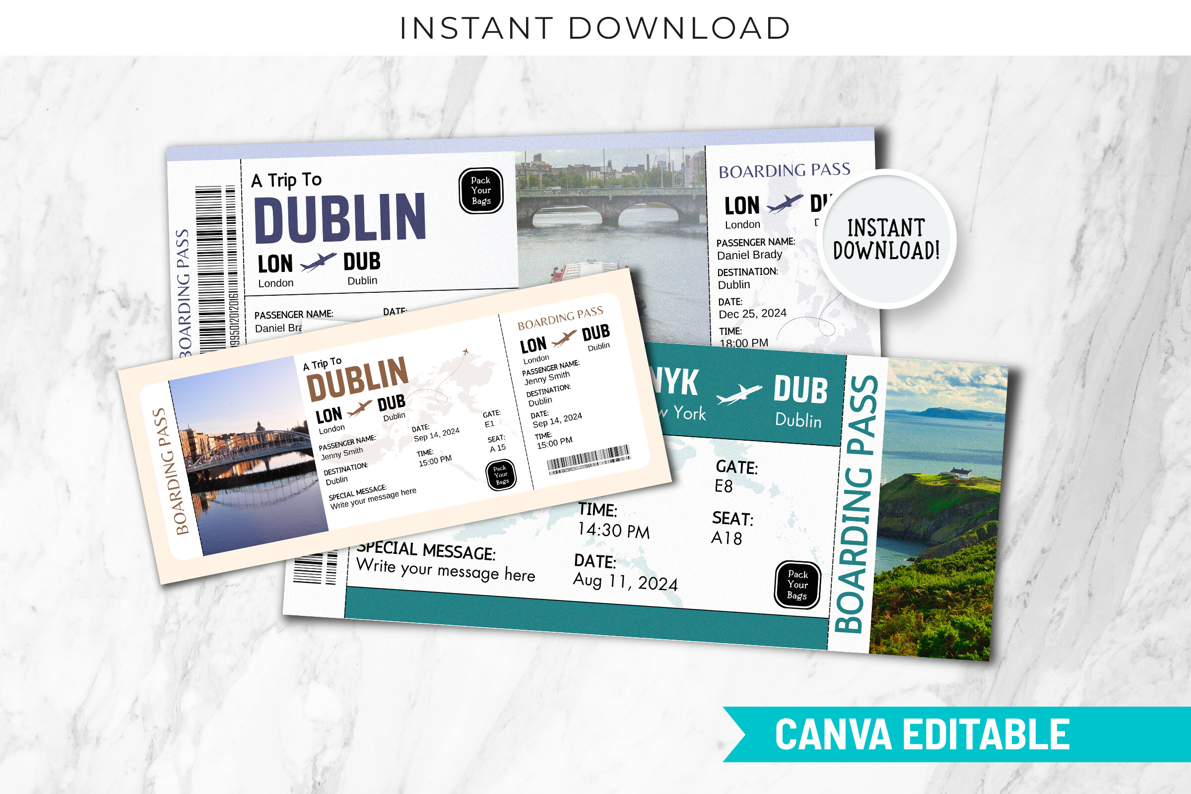Editable Dublin Boarding Pass Canva PDF