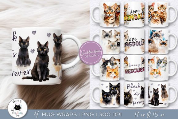 Watercolor Cat Mug Wraps Cat Lover Png Graphics