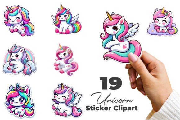 Cute Unicorn Stickers Clipart Bundle