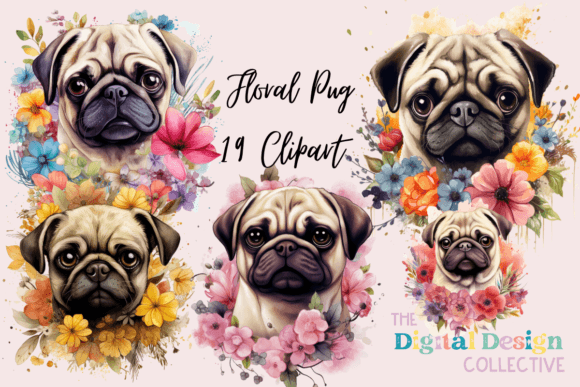 Watercolor Floral Pug Bundle PNG sublimation design for pet shirts and tumblers